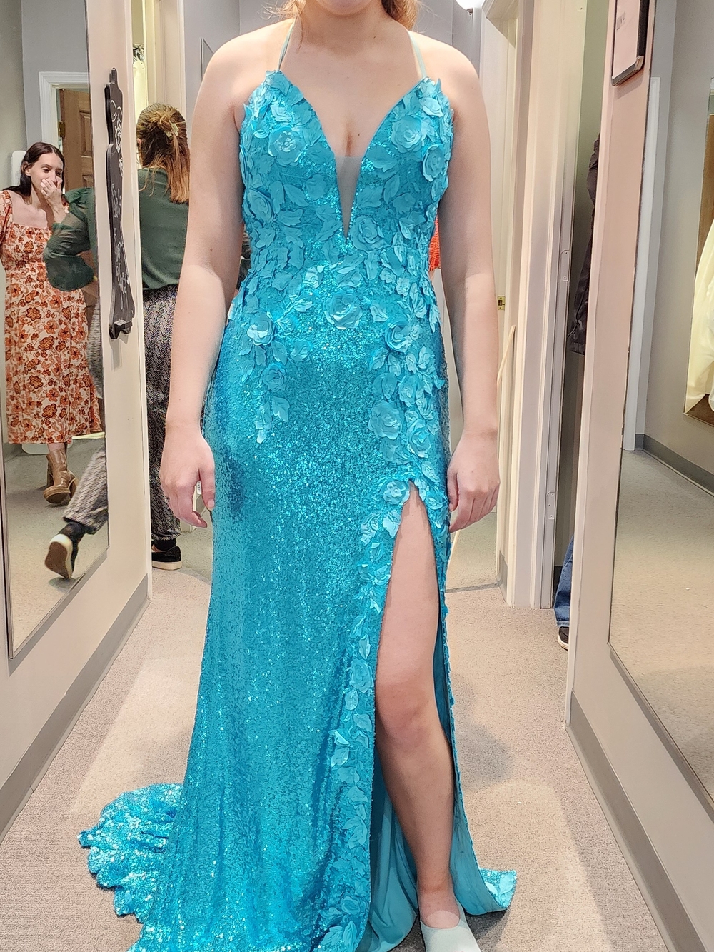 Jovani Turquoise Floral Applique V-Neck Prom Gown - Picture 2 of 3